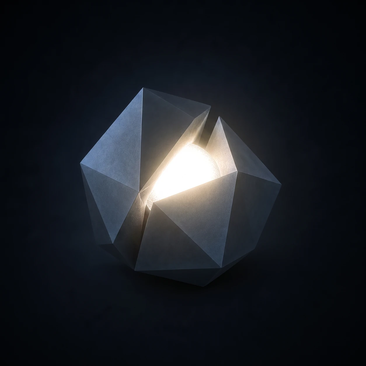 A faceted structure opening to reveal a luminous inner core