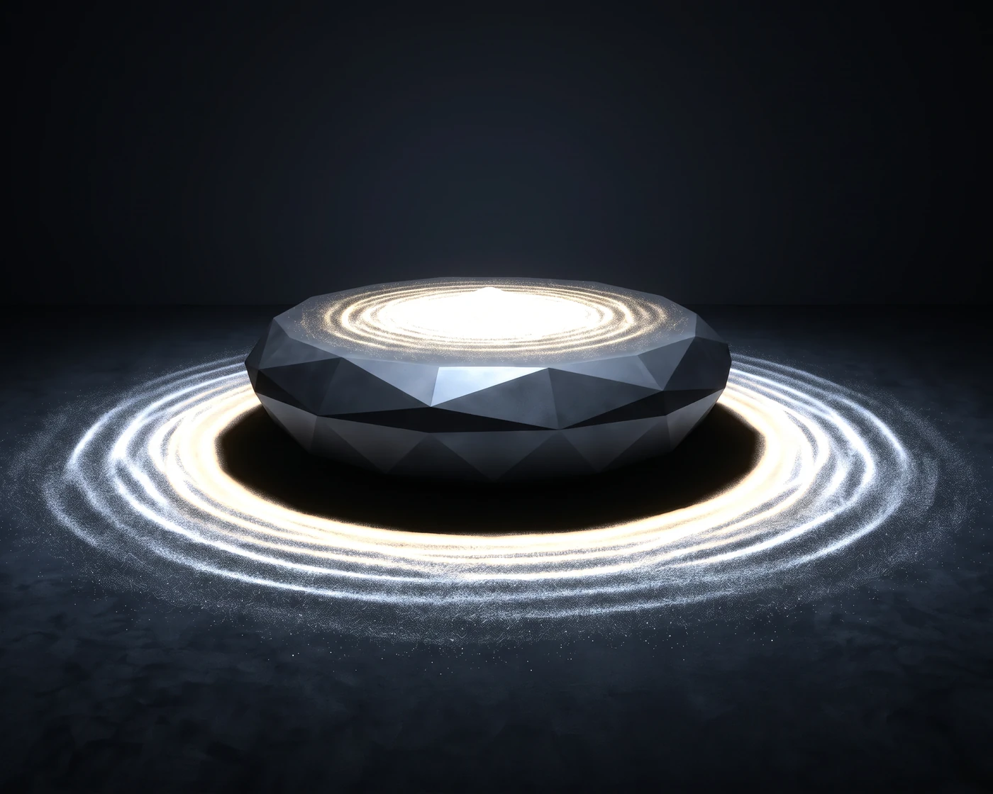 A form sending concentric rings of light out across the dark