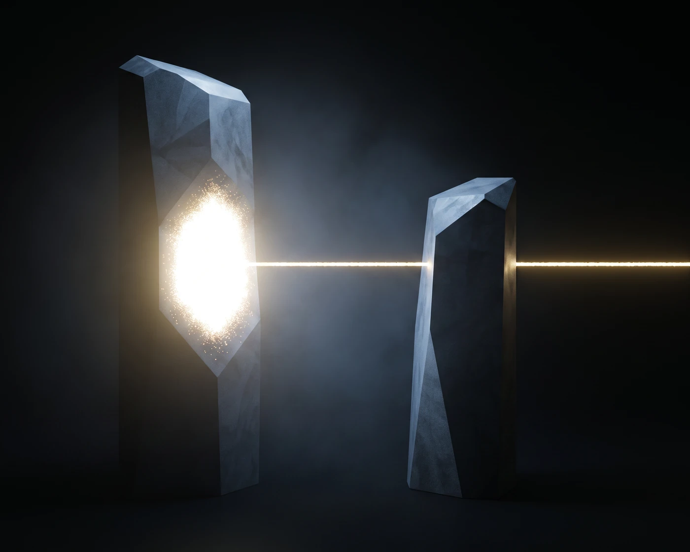 Two upright forms joined by a taut line of light that carries on past them